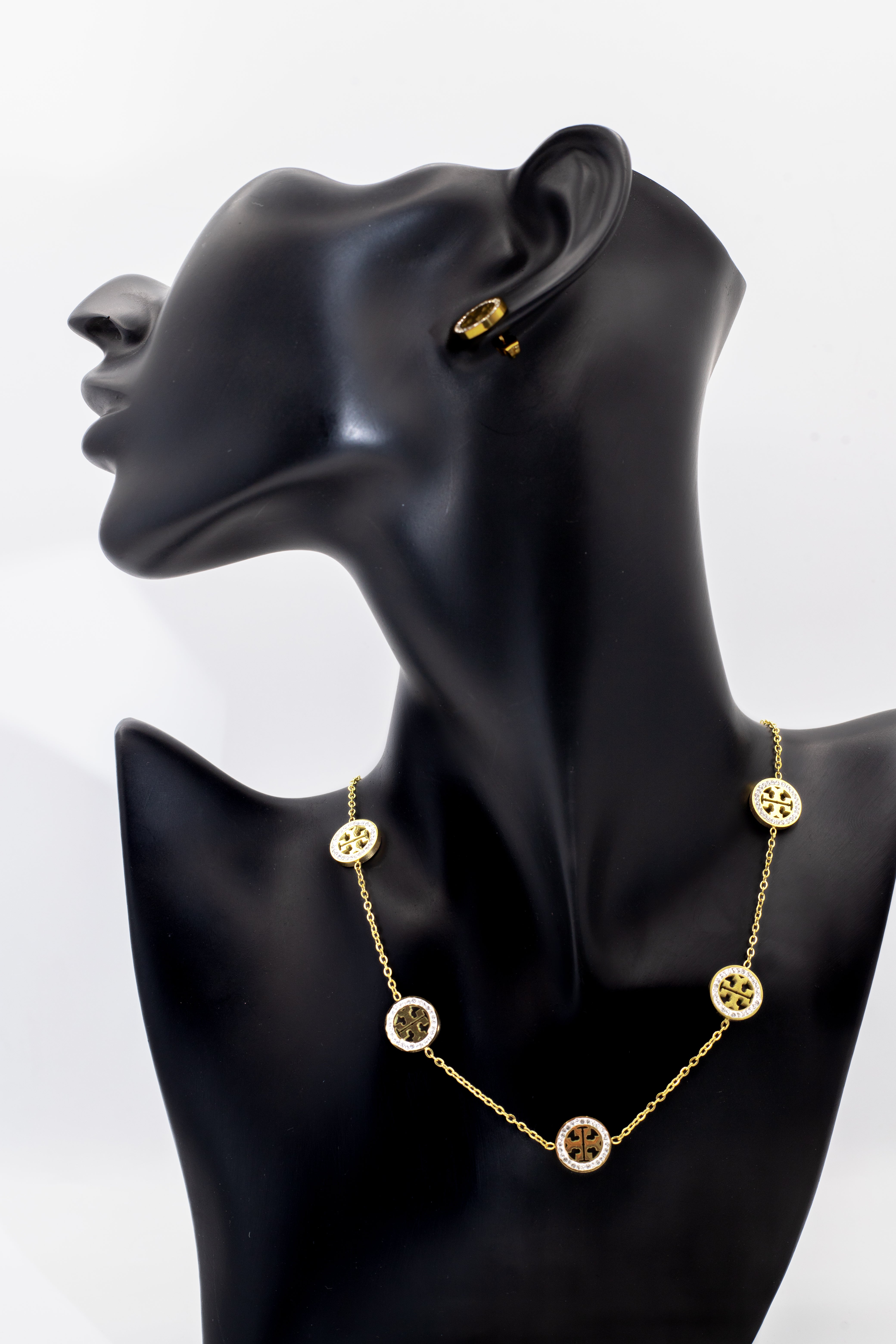 Golden Logo Station Necklace & Stud Tops Set