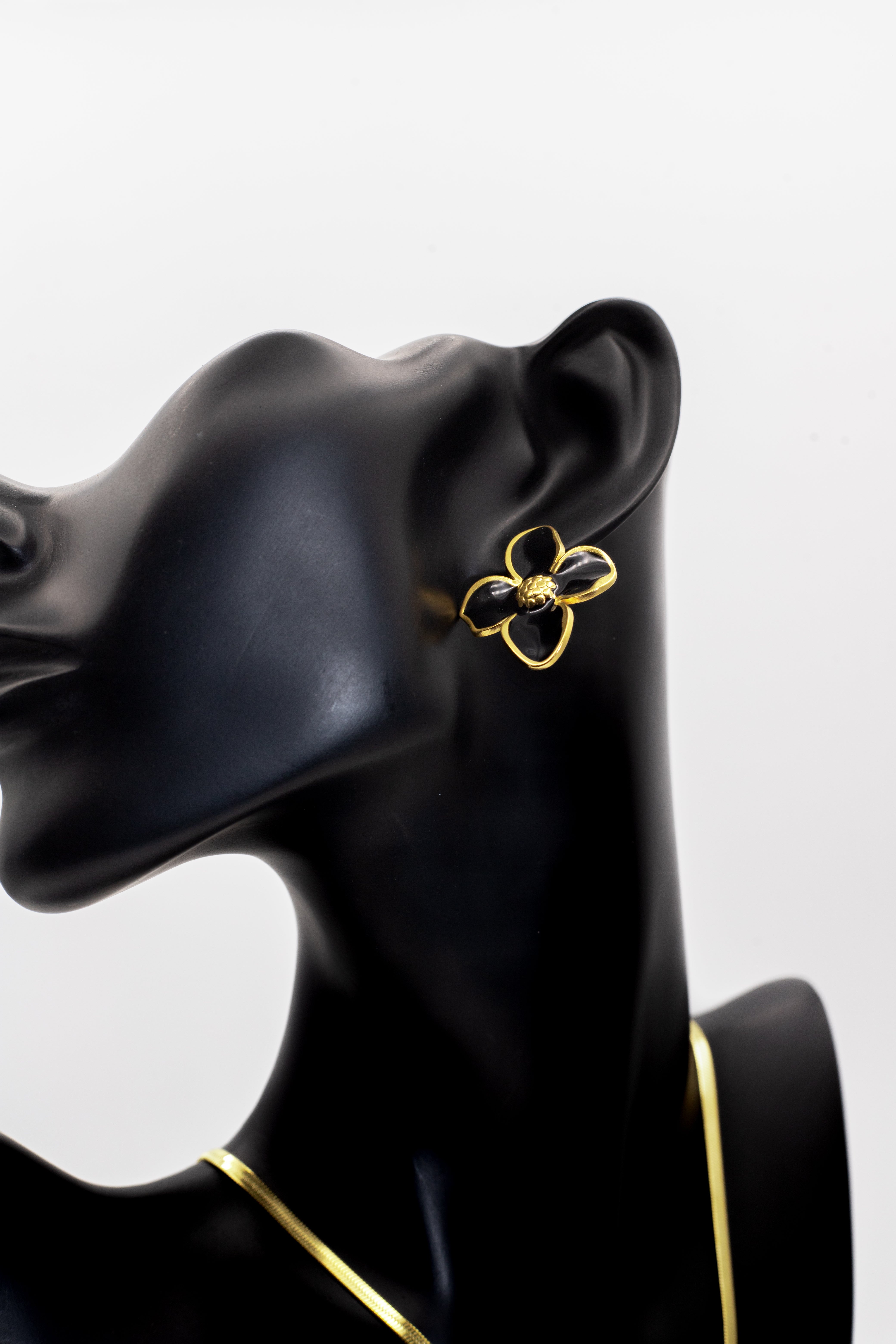 Golden Black Enamel Floral Stud Tops