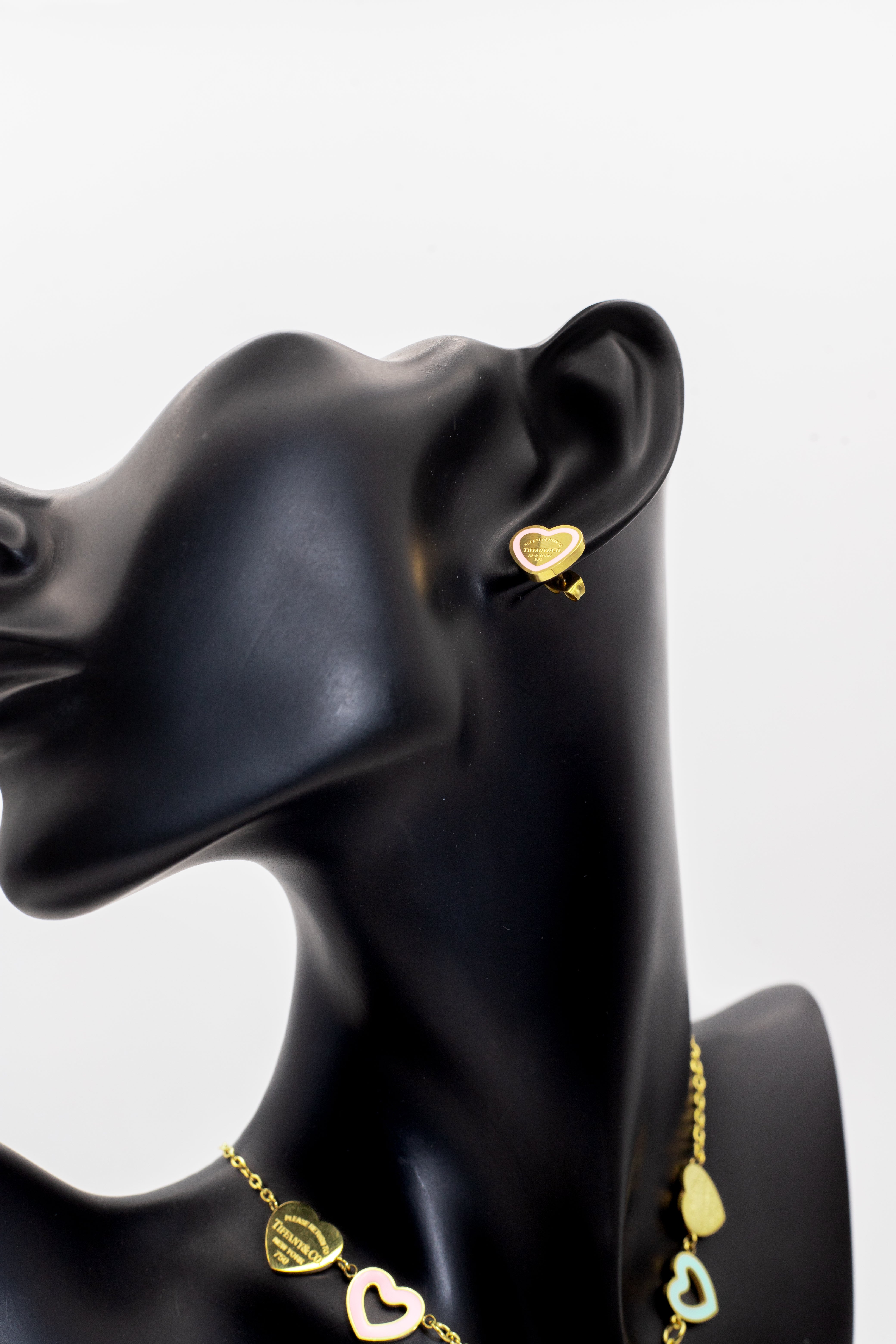 Golden Pink Enamel Heart Tag Stud Tops