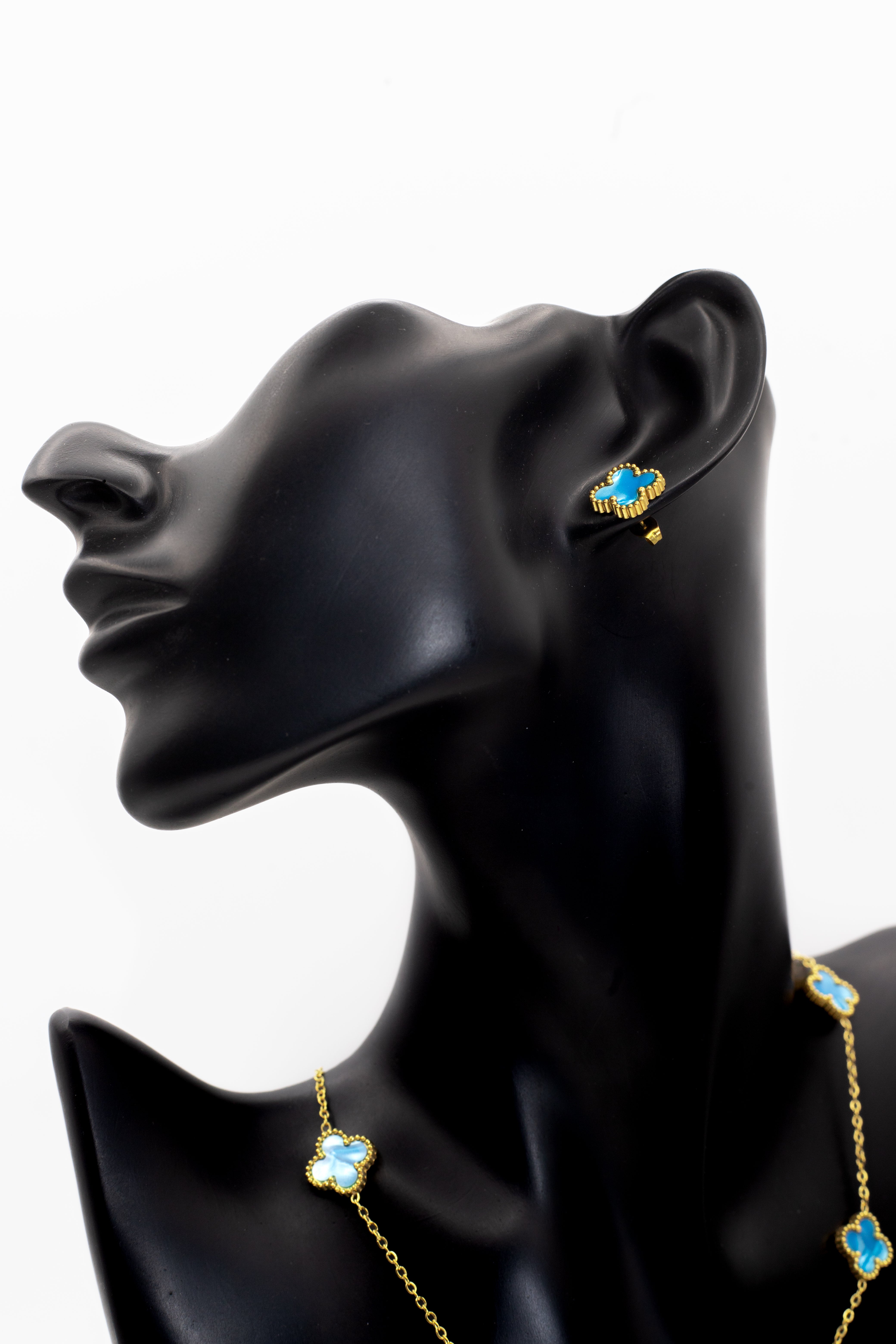 Lucky Clover Blue Enamel Motif Jewelry Necklace, Bracelet, Ring & Earrings