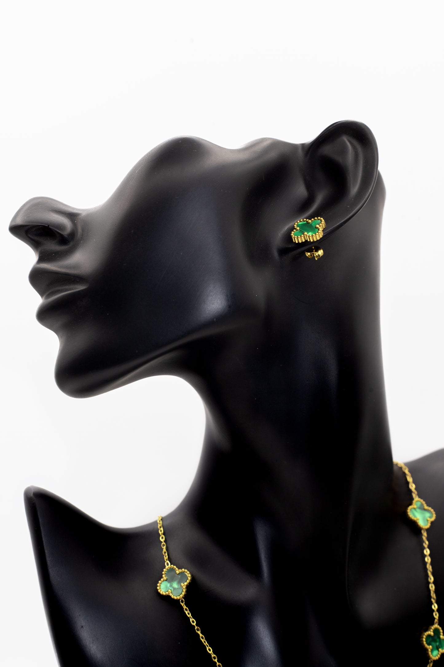 Lucky Clover Green Motif Jewelry Necklace, Bracelet, Ring & Earrings