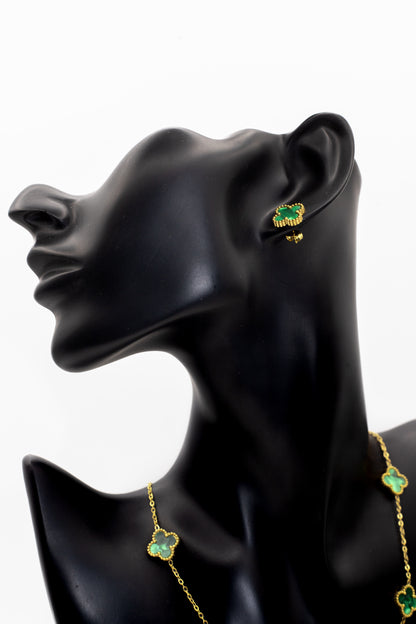 Lucky Clover Green Motif Jewelry Necklace, Bracelet, Ring & Earrings