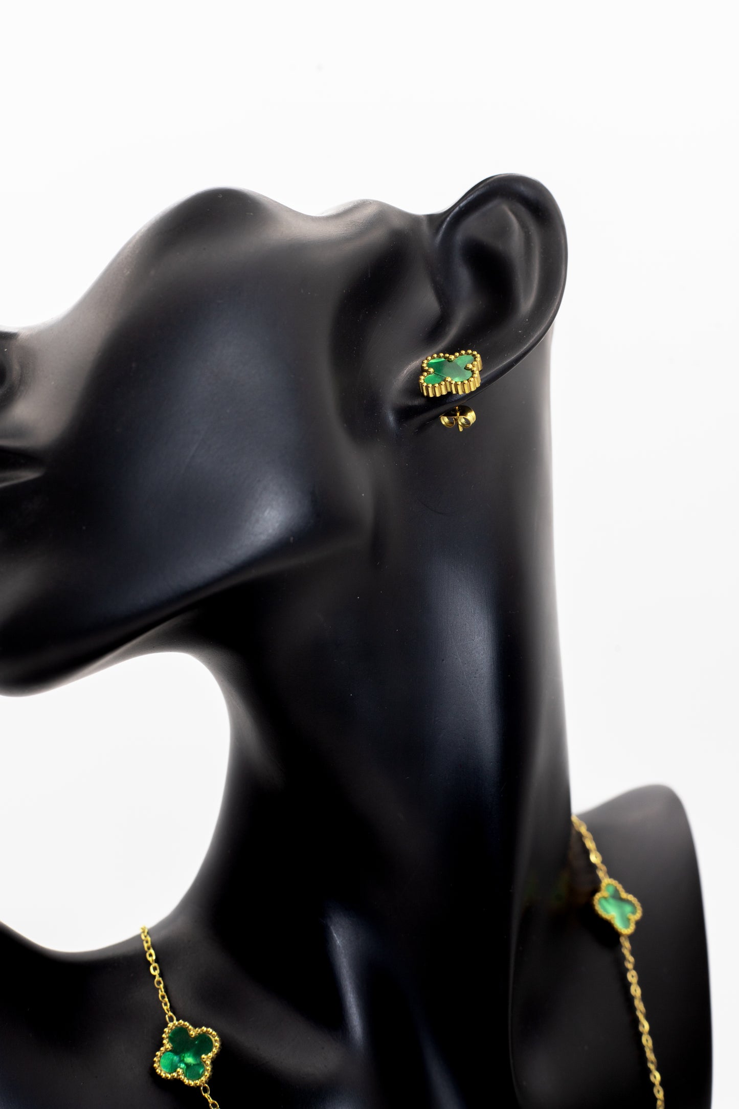 Lucky Clover Green Motif Jewelry Necklace, Bracelet, Ring & Earrings