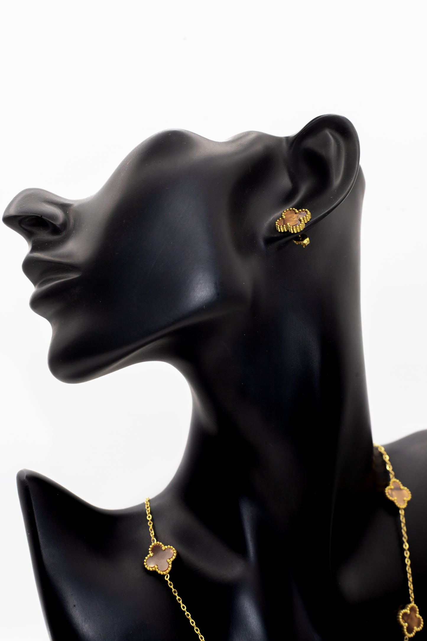 Lucky Clover Brown Motif Jewelry Necklace, Bracelet, Ring & Earrings