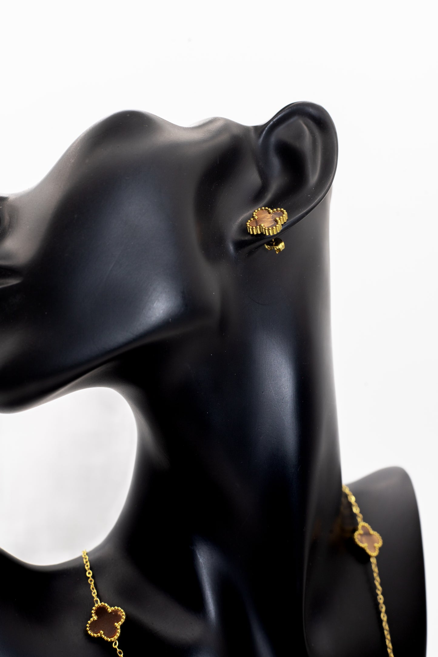 Lucky Clover Brown Motif Jewelry Necklace, Bracelet, Ring & Earrings