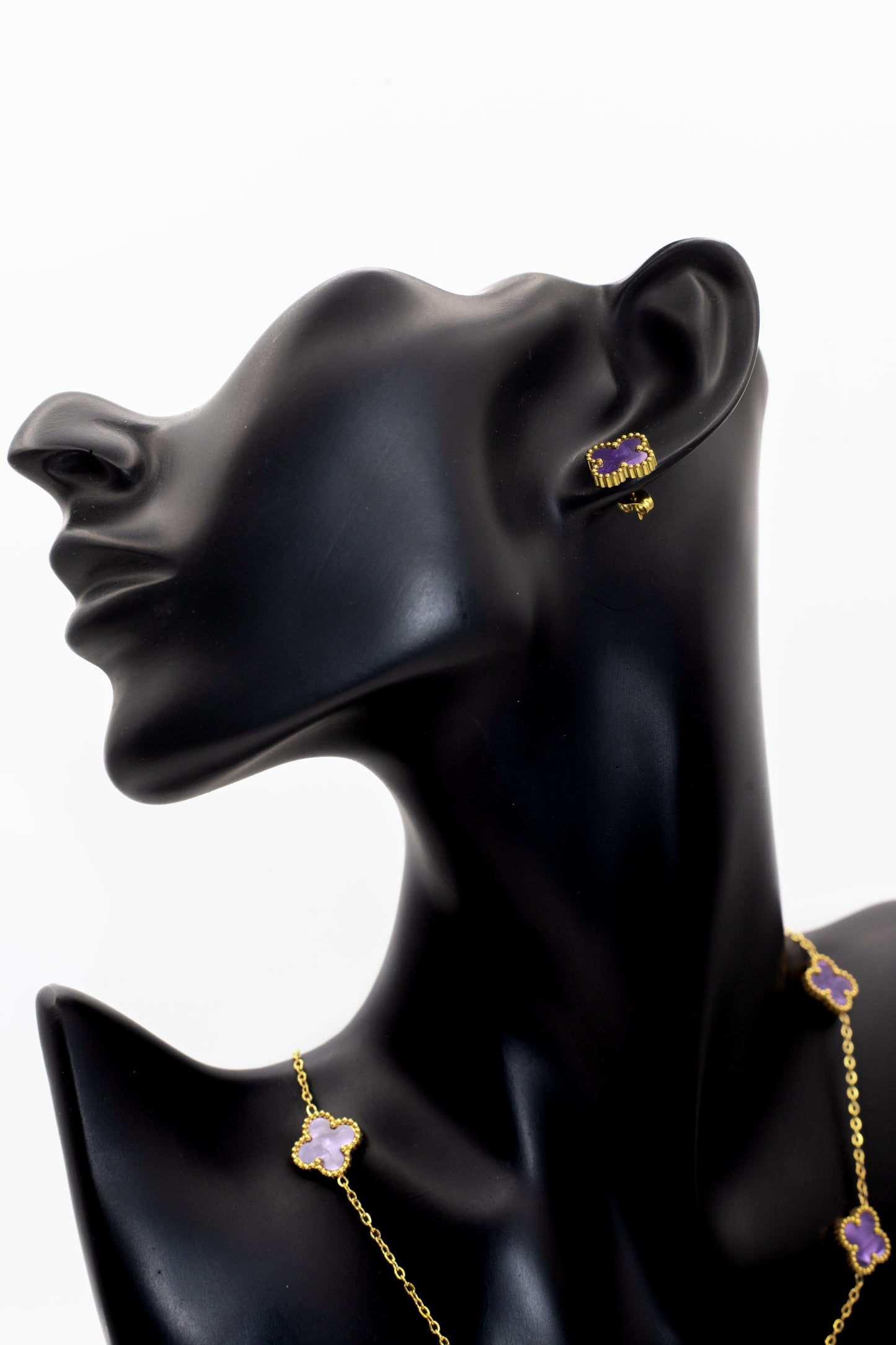 Lucky Clover Purple Motif Jewelry Necklace, Bracelet, Ring & Earrings