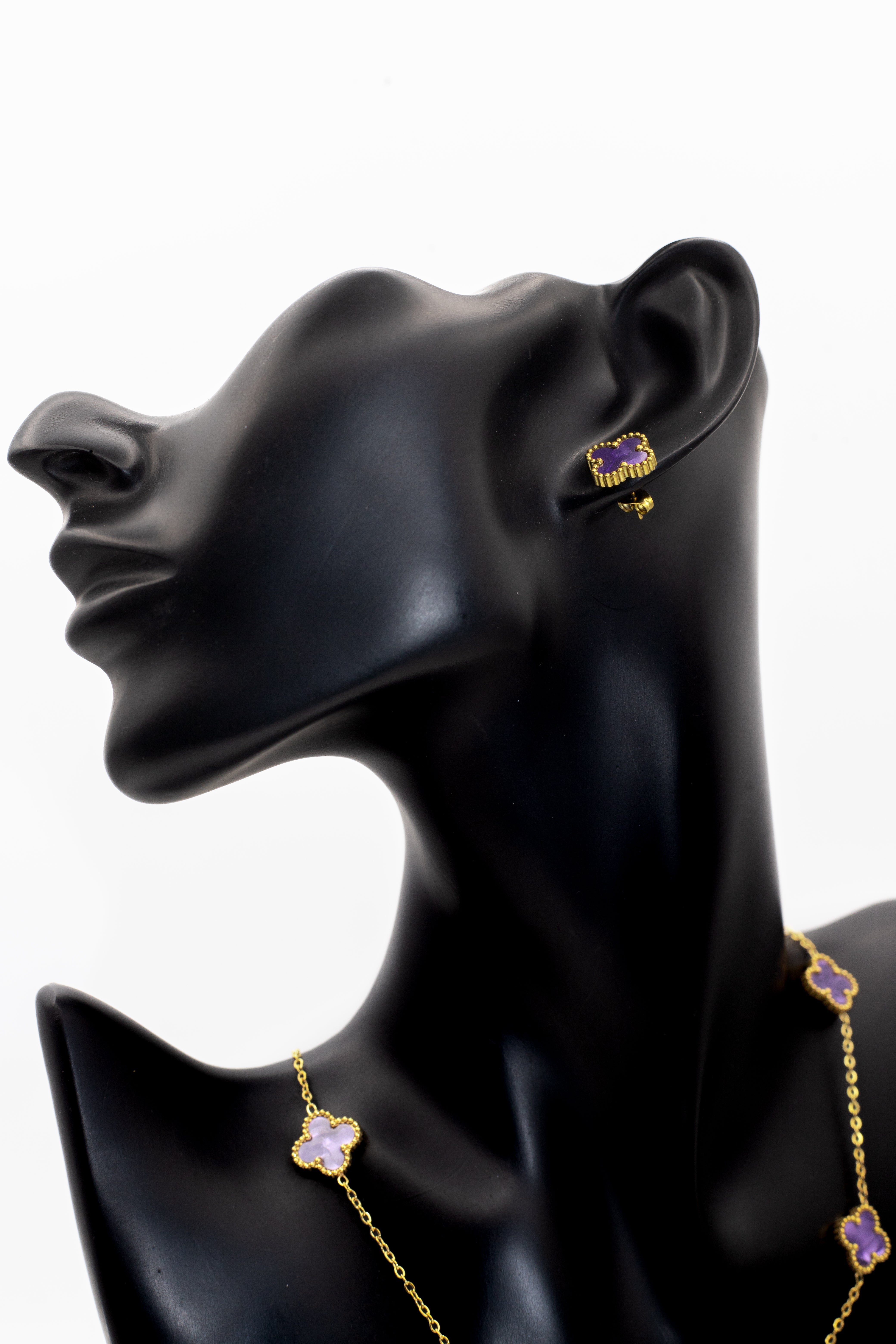 Lucky Clover Purple Motif Jewelry Necklace, Bracelet, Ring & Earrings