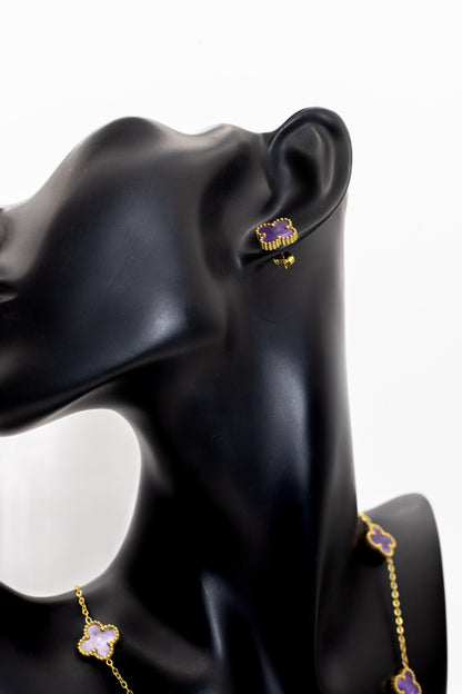 Lucky Clover Purple Motif Jewelry Necklace, Bracelet, Ring & Earrings