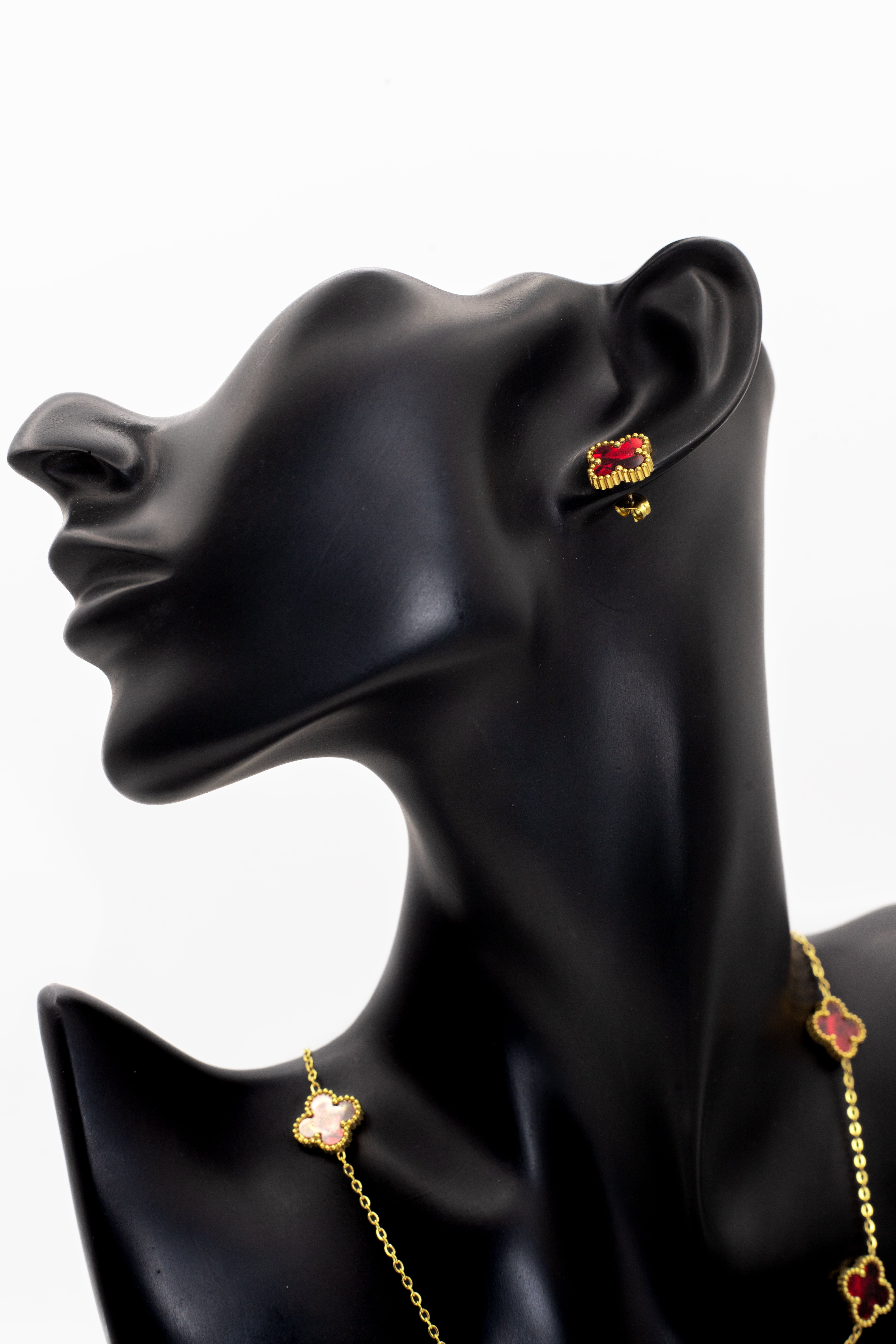 Lucky Clover Red Motif Jewelry Necklace, Bracelet, Ring & Earrings