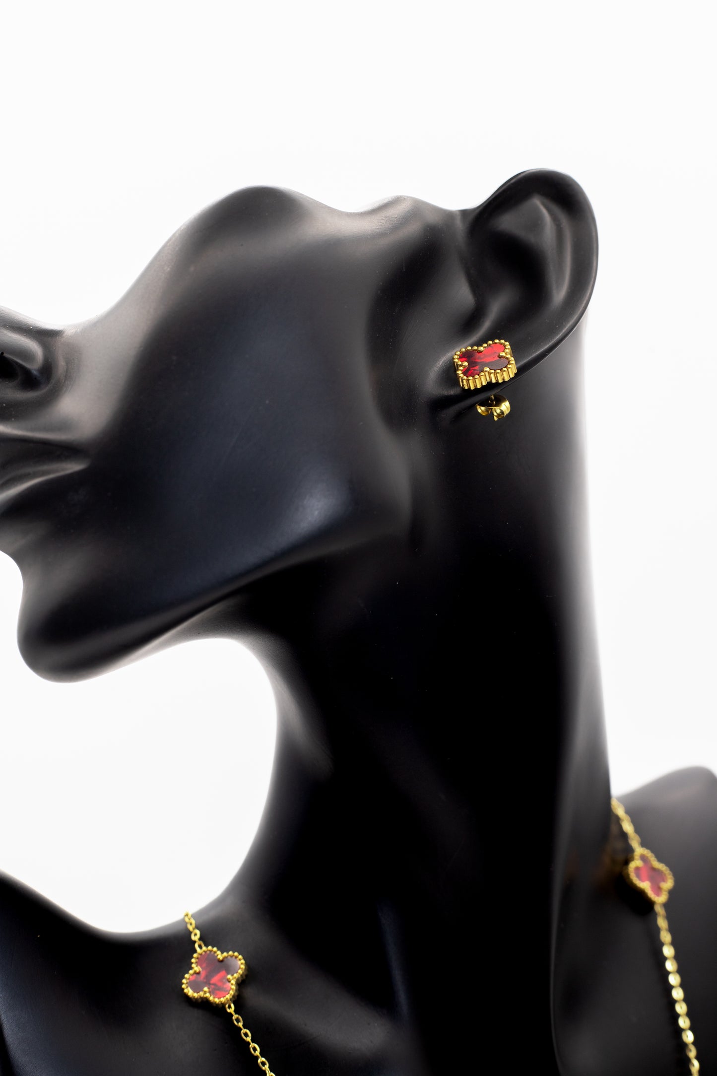 Lucky Clover Red Motif Jewelry Necklace, Bracelet, Ring & Earrings