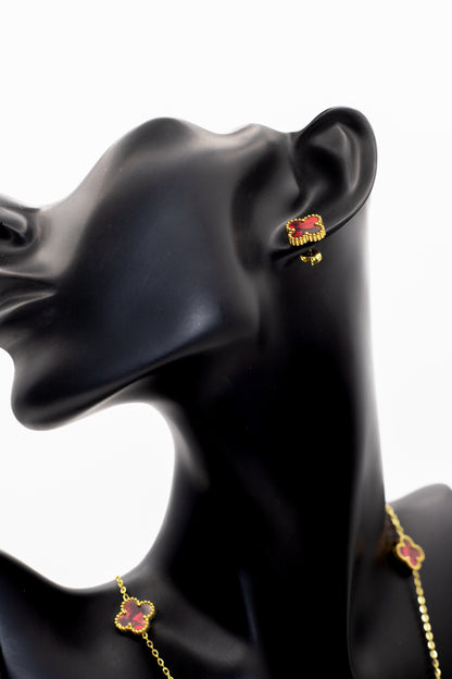 Lucky Clover Red Motif Jewelry Necklace, Bracelet, Ring & Earrings