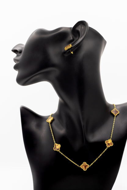 Lucky Clover Brown Motif Jewelry Necklace, Bracelet, Ring & Earrings