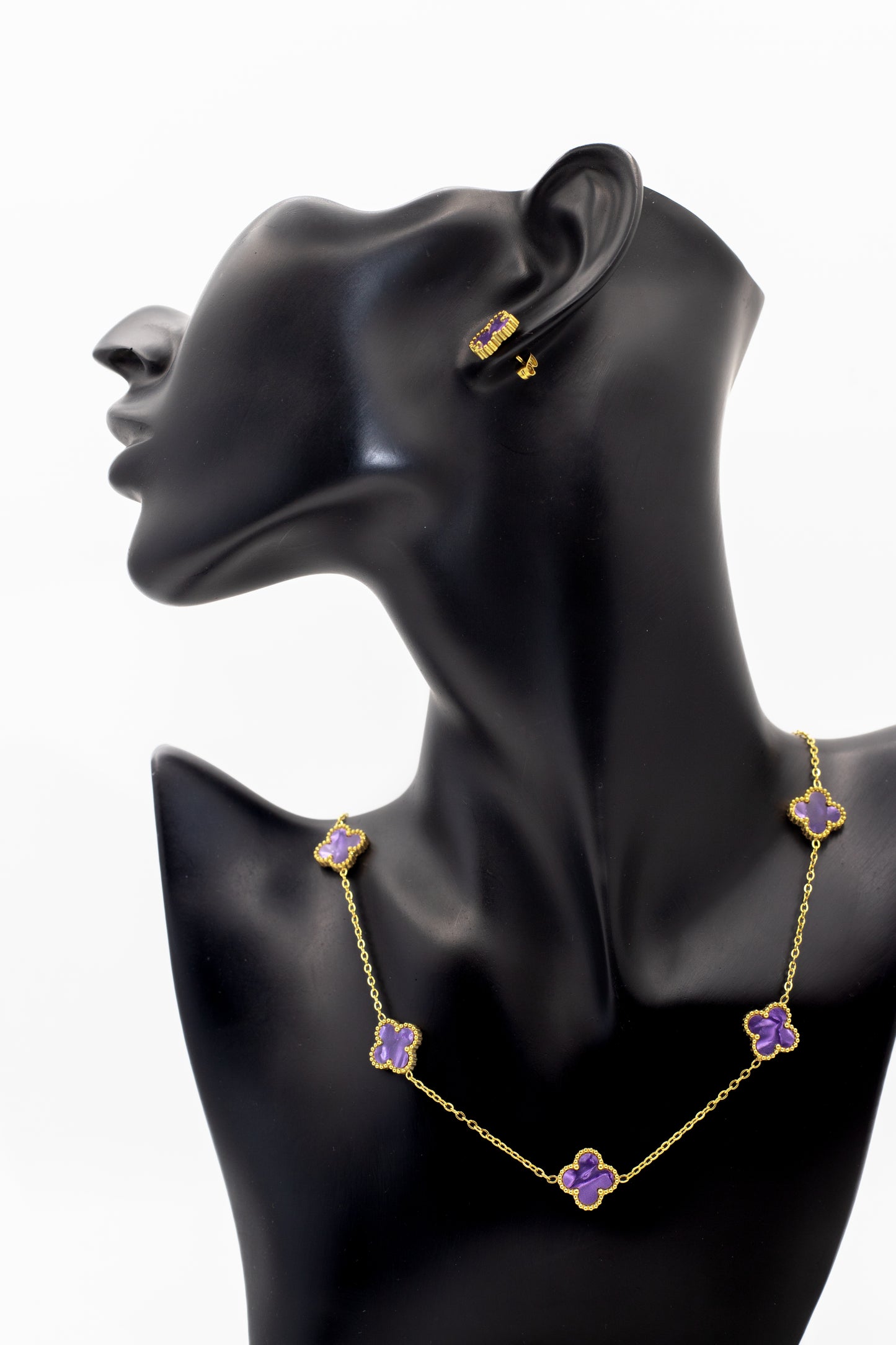 Lucky Clover Purple Motif Jewelry Necklace, Bracelet, Ring & Earrings