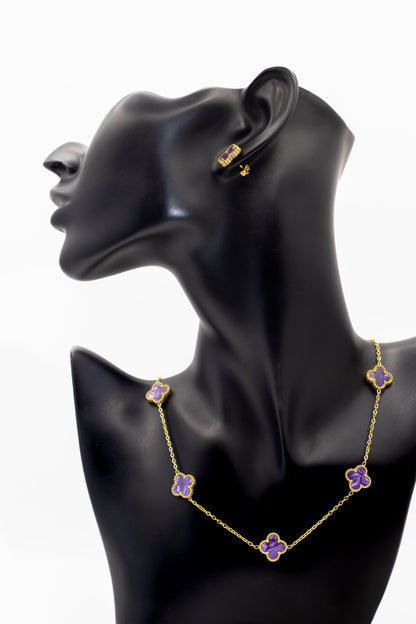 Lucky Clover Purple Motif Jewelry Necklace, Bracelet, Ring & Earrings