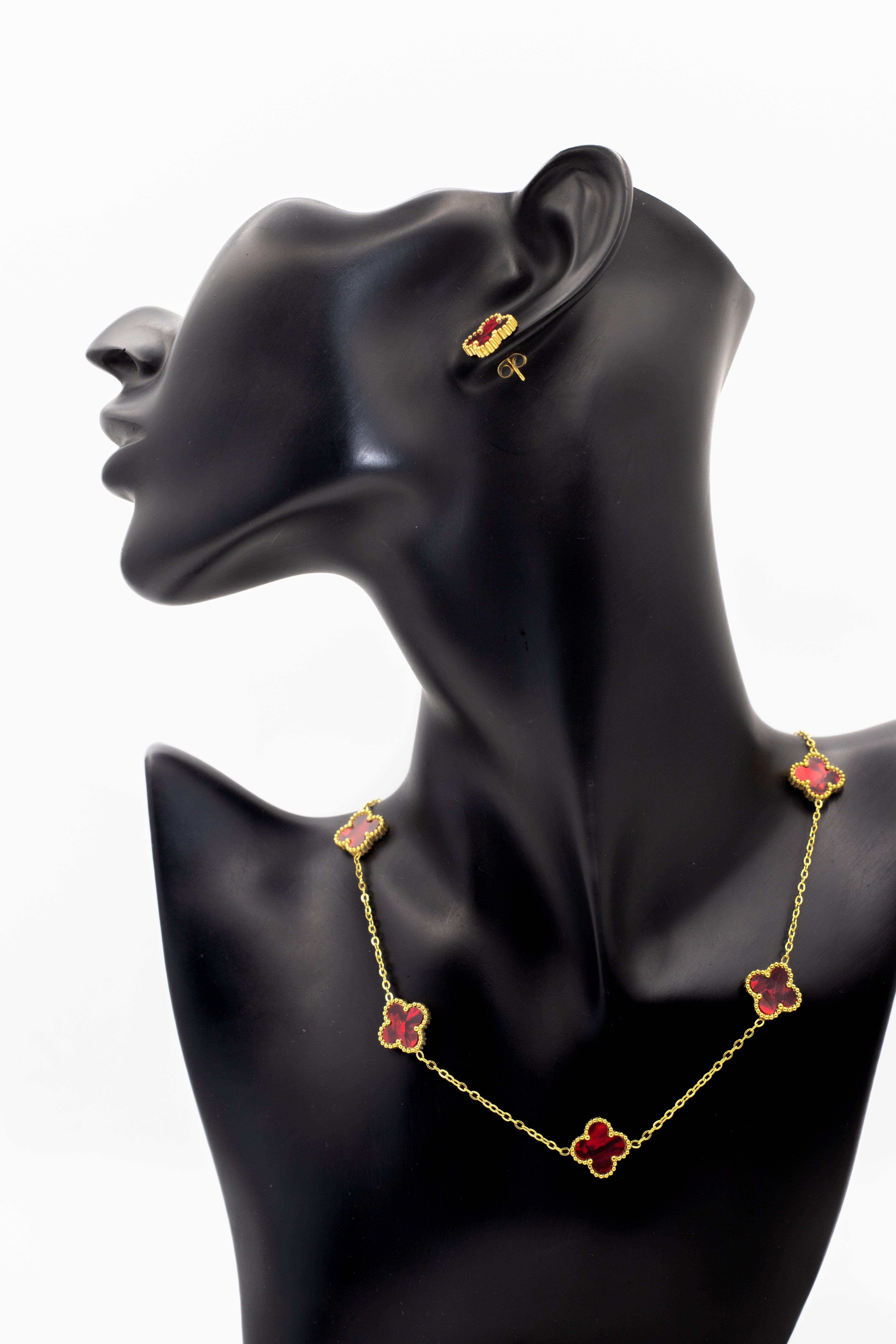 Lucky Clover Red Motif Jewelry Necklace, Bracelet, Ring & Earrings