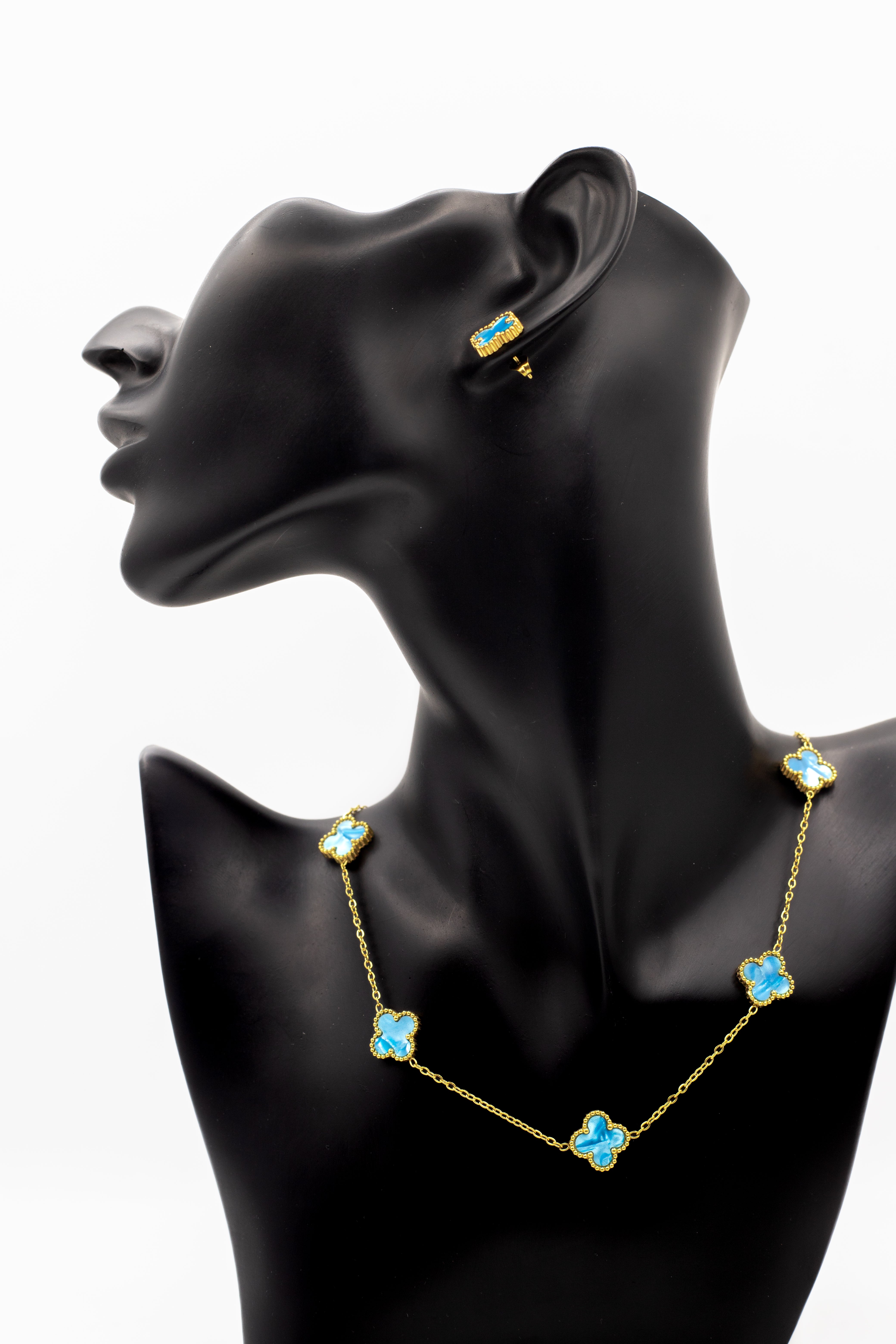 Lucky Clover Blue Enamel Motif Jewelry Necklace, Bracelet, Ring & Earrings