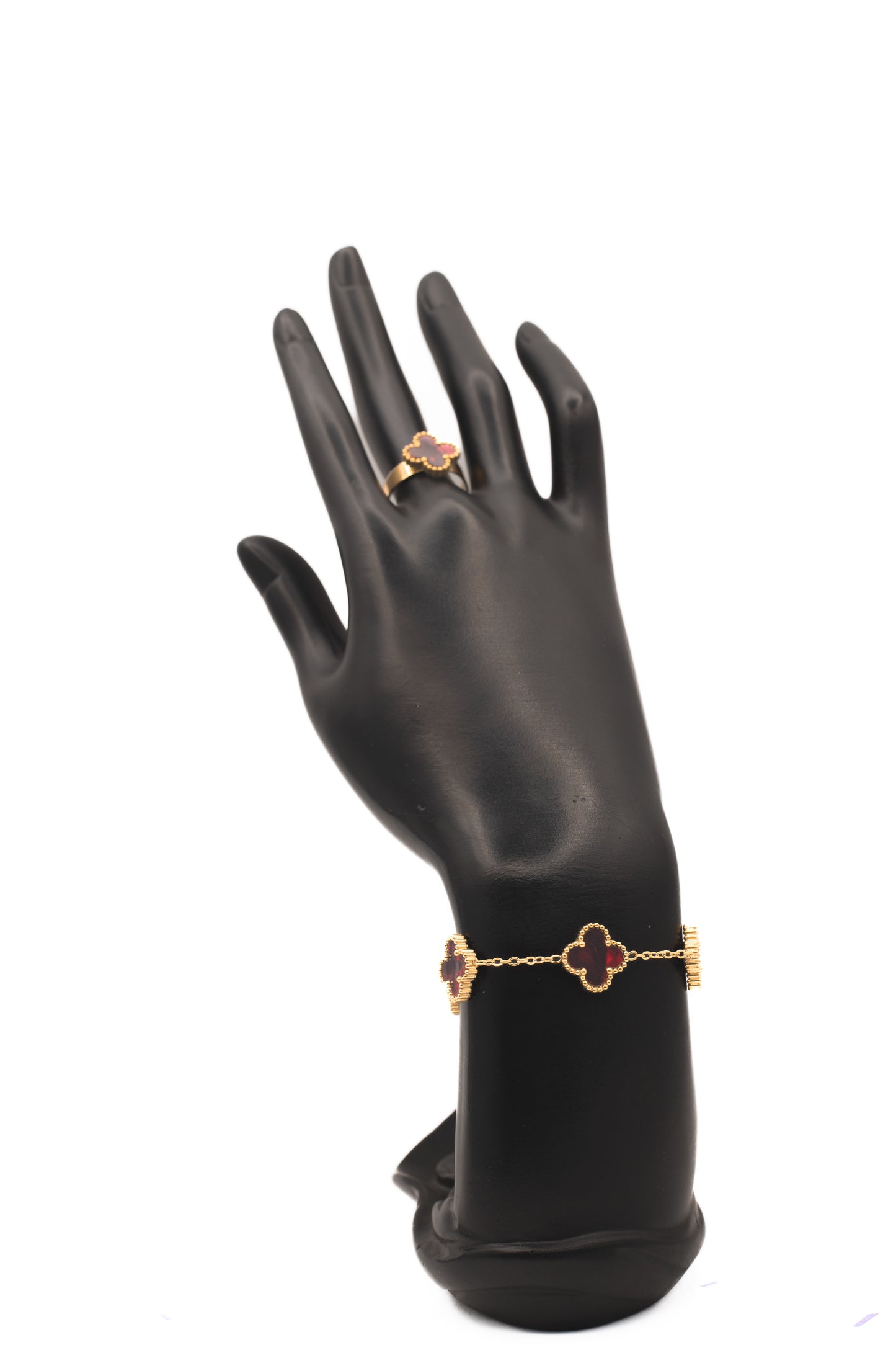 Lucky Clover Red Motif Jewelry Necklace, Bracelet, Ring & Earrings