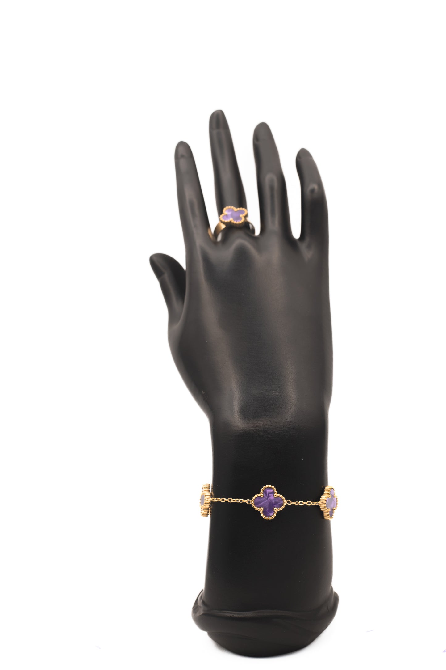 Lucky Clover Purple Motif Jewelry Necklace, Bracelet, Ring & Earrings