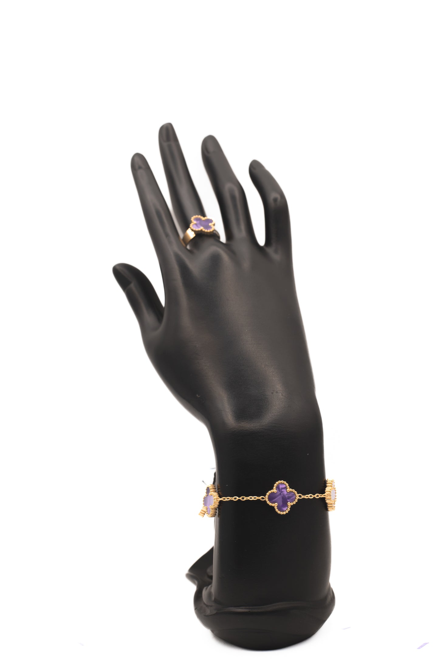 Lucky Clover Purple Motif Jewelry Necklace, Bracelet, Ring & Earrings