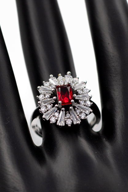 Silver Emerald-Cut Radiant Crystal Ring (Adjustable)