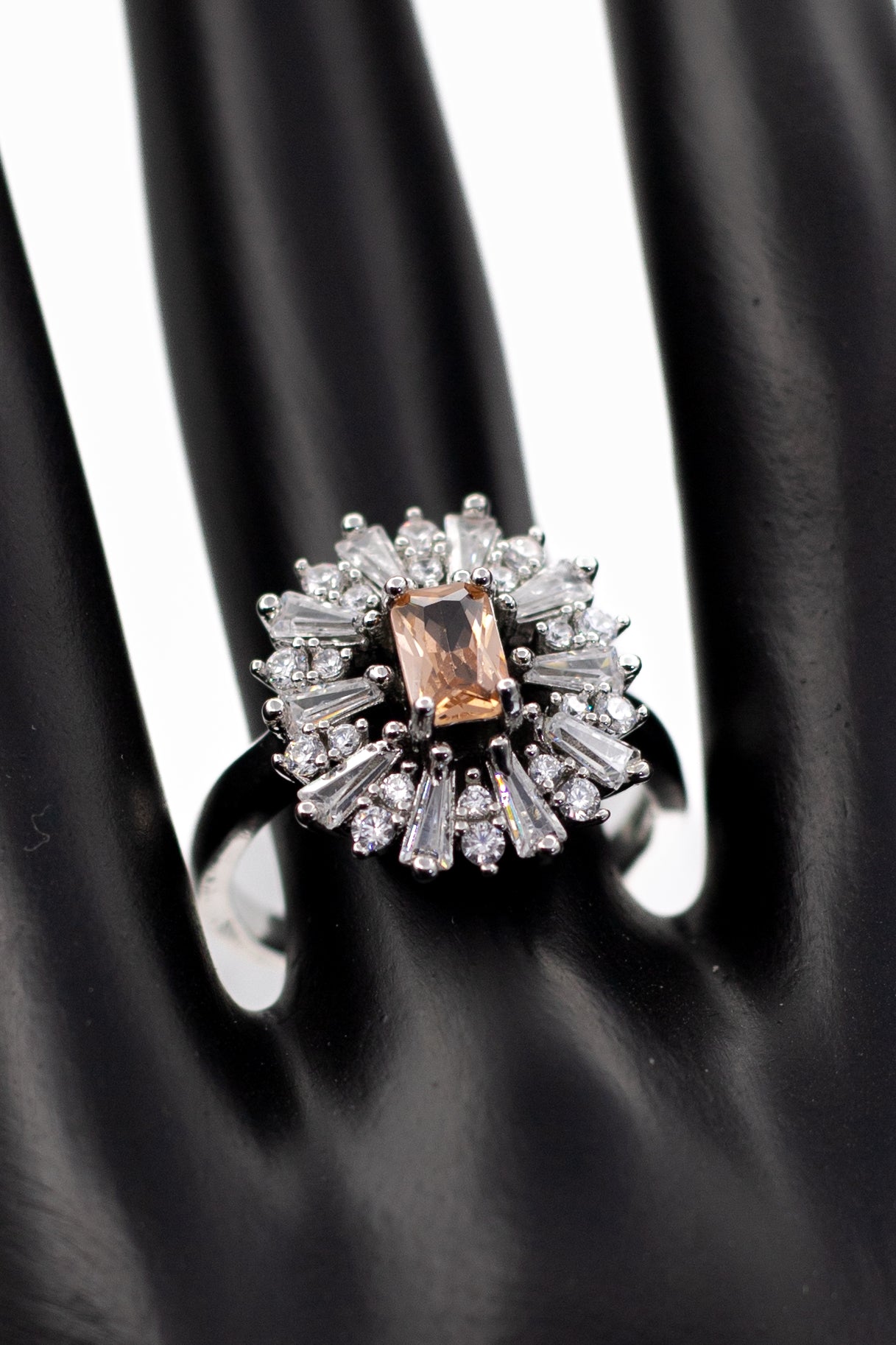 Silver Emerald-Cut Radiant Crystal Ring (Adjustable)