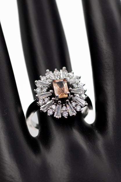 Silver Emerald-Cut Radiant Crystal Ring (Adjustable)