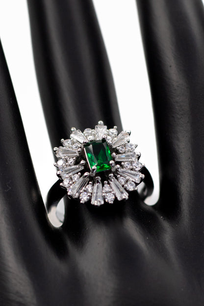 Silver Emerald-Cut Radiant Crystal Ring (Adjustable)